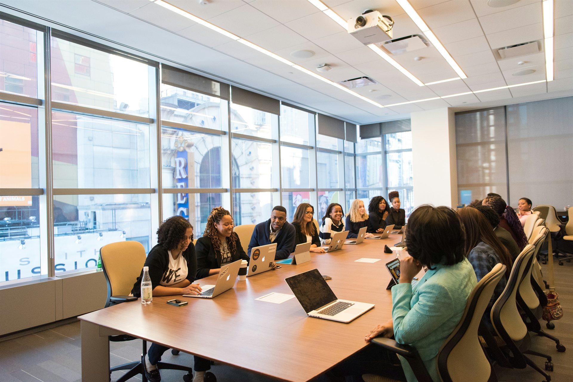 A team sharing ideas around a conference table